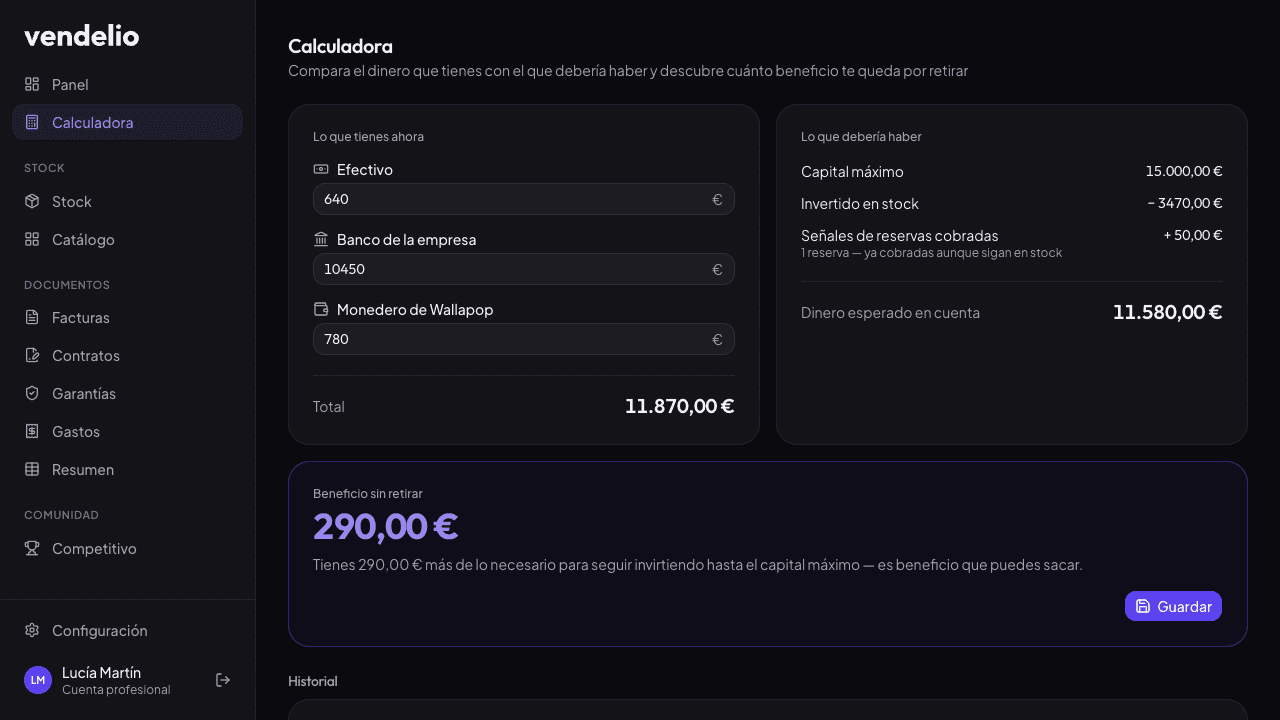 Calculadora de Vendelio comparando el dinero que tienes con el que deberías tener