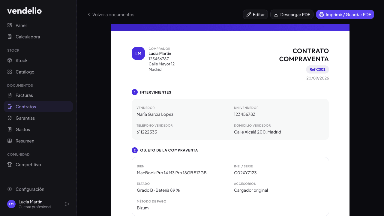 Contrato de compraventa generado en Vendelio con los datos del vendedor y del producto